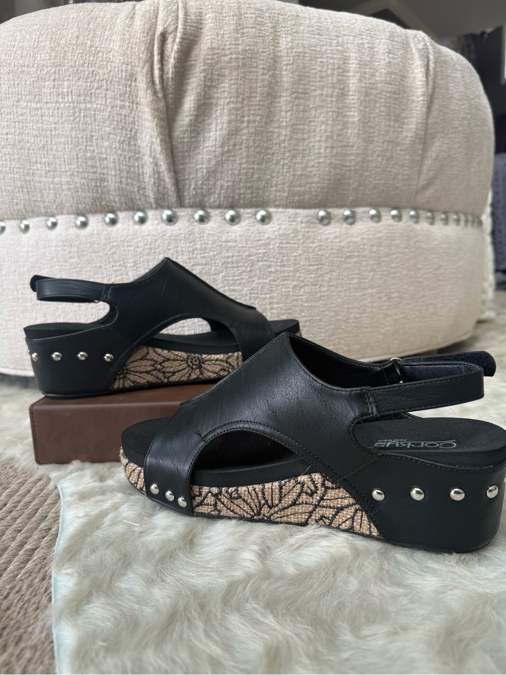 Corkys Black Leather Slingback Wedge Sandals with Embroidered Cork Platform